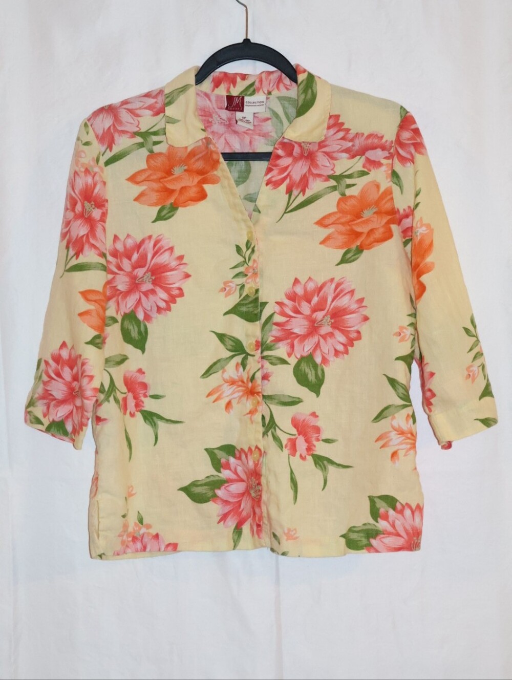 JM Collection By Jennifer Moore Yellow Linen Floral Button-Front Blouse.